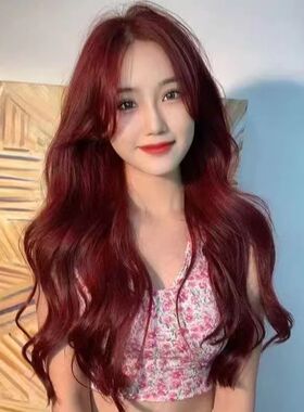 酒红色假发女长发自然全头套显白网红中分刘海大波浪长卷发假发套