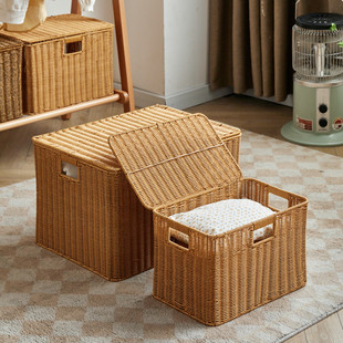 日式带盖收纳箱仿藤编家用编织收纳筐特大号衣物收纳篮整理储物箱