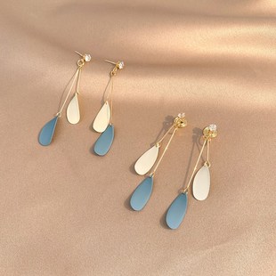 蓝色长款羽毛吊坠蚊香盘耳夹无耳洞女高级新款气质民族风海边耳饰