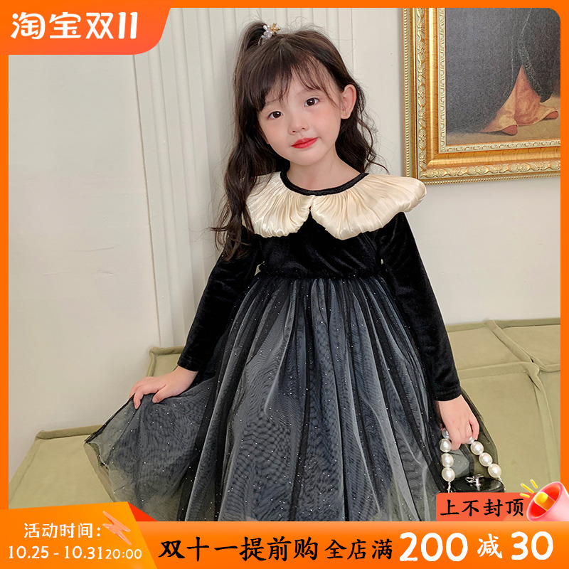 女童洋装秋冬季2023新款高级感小女孩洋派丝绒加绒气质礼服裙子