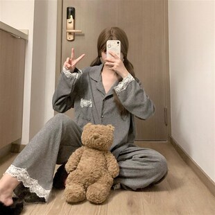 秋冬季新款睡衣女可爱蕾丝韩版花边时尚保暖小众设计感家居服套装