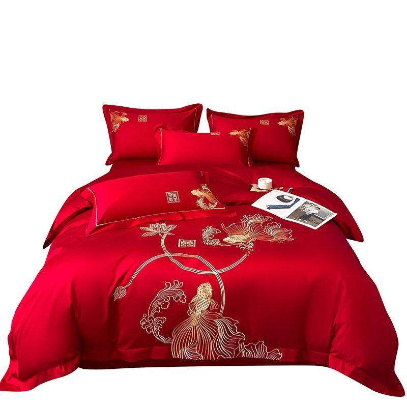 高档刺绣100支纯棉结q婚四件套全棉大红色床单喜被新婚庆床上用品,床上用品,婚庆床品套件,淘宝优惠券,粉丝福利购,淘宝优惠卷