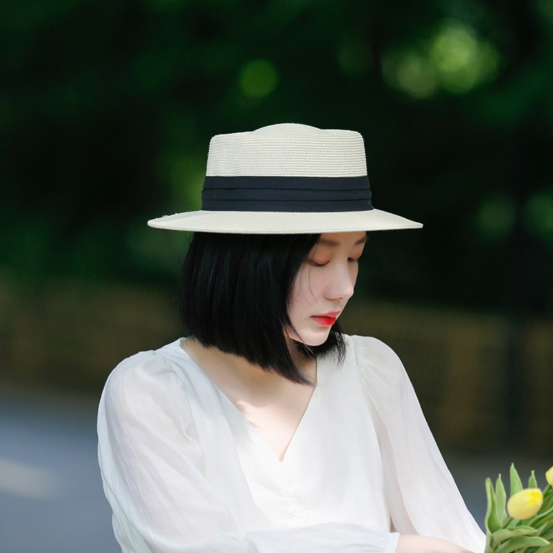 帽子女夏季凹顶太阳帽女凉帽英伦遮阳帽户外防风带新款遮阳帽草帽