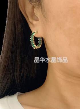 新款华子古典绿色水晶时尚大圈耳环女圆圈高级感多色小众设计耳饰