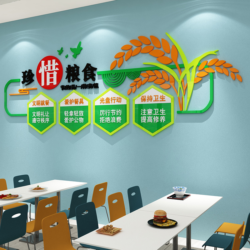 食堂文化墙贴纸画厉行节约员工餐厅墙面装饰职工饭堂宣传标语挂画