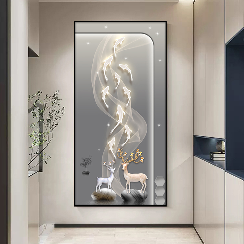 立体浮雕玄关装饰画轻奢入户3D皮革走廊过道挂画简约九鱼图鹿壁画图片