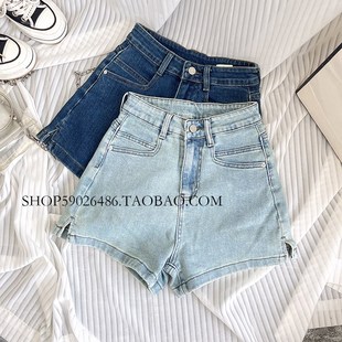 宽松显瘦弹力A字热裤 超棒显瘦浅蓝色小开叉牛仔短裤 女2024年夏季