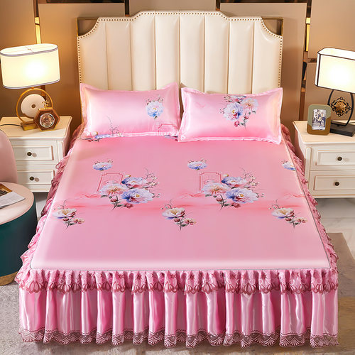 ke3c可水洗冰丝凉席三件套夏季1.8m双人床可折叠1.5m床裙款空调软