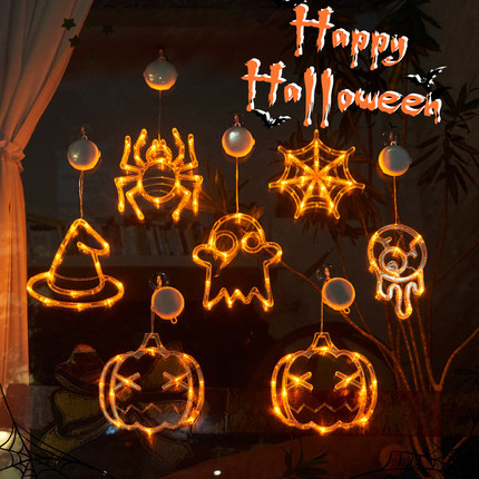 网红Light Up Halloween Window Lights Pumpkin Spider Bat LED