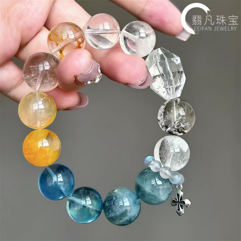一对一定制天然水晶手链金发晶白水晶黄水晶紫水晶男女款招财手串