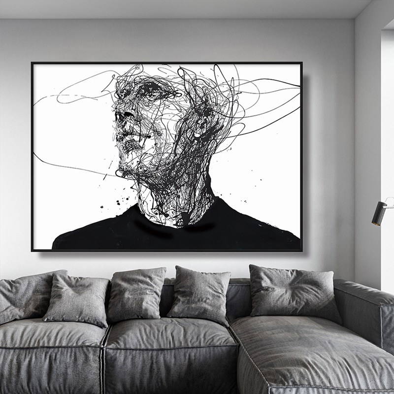 黑白抽象素描线条人物挂画客厅玄关大幅墙画壁画工业风艺术装饰画图片