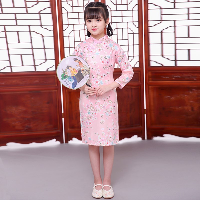 春季儿童旗袍长袖中式修身中小大童唐装宝宝连衣裙女童演出服礼服