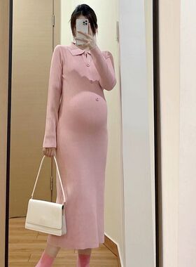 孕妇中长款宽松内搭打底过膝秋冬季厚款毛衣裙女S大码针织连衣裙