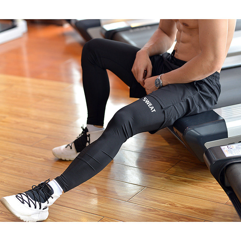 秋冬高弹假两件健身房健身裤跑步速干宽松训练瑜伽运动紧身长裤男