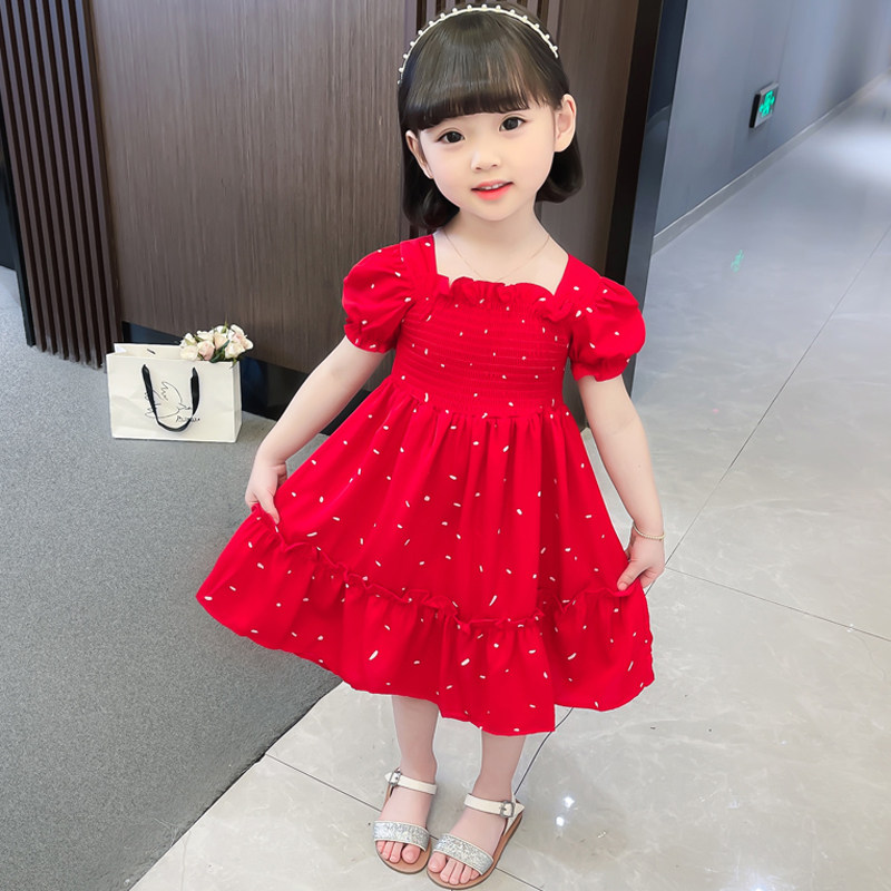新品雪纺连衣裙女童2023夏季薄B款红色公主裙新款宝宝夏款儿童短