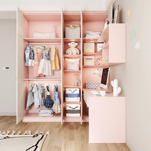 实木衣柜书桌一体转角组合收纳柜家用卧室儿童房女孩粉色衣橱定制