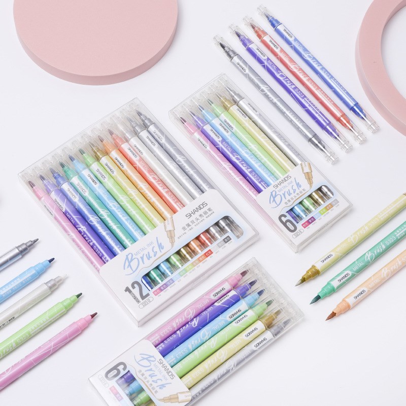 12pcs Metal Ink Brush Pen Set Dual Side Metallic Color Draw