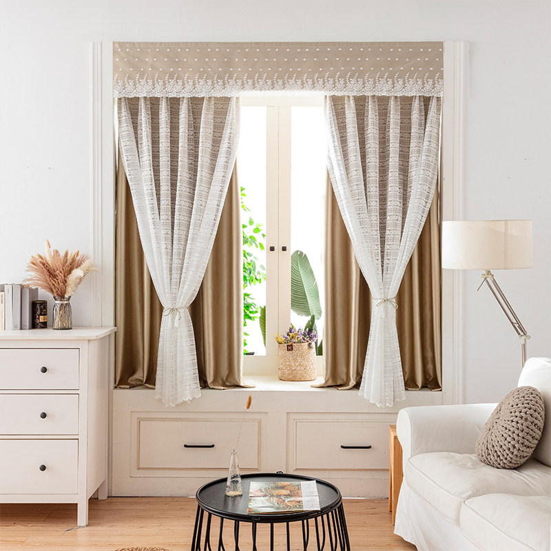 双层蕾丝全遮光挡漏光自粘帘幔窗帘头免安装魔术贴客厅卧室床围阳