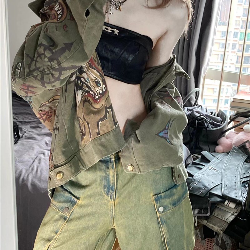 美式复古设计感涂鸦牛仔外套女秋季新款高街潮牌宽松小众夹克上衣