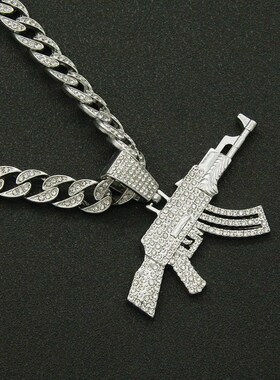 欧美炫酷夸张朋克街舞说唱穿搭枪吊坠项I链 潮人男士夜店古巴链子