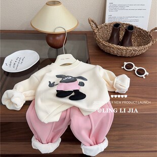 伶俐家秋a冬款童装 宝宝加绒加厚小羊卫衣粉色运动裤 儿童可爱套