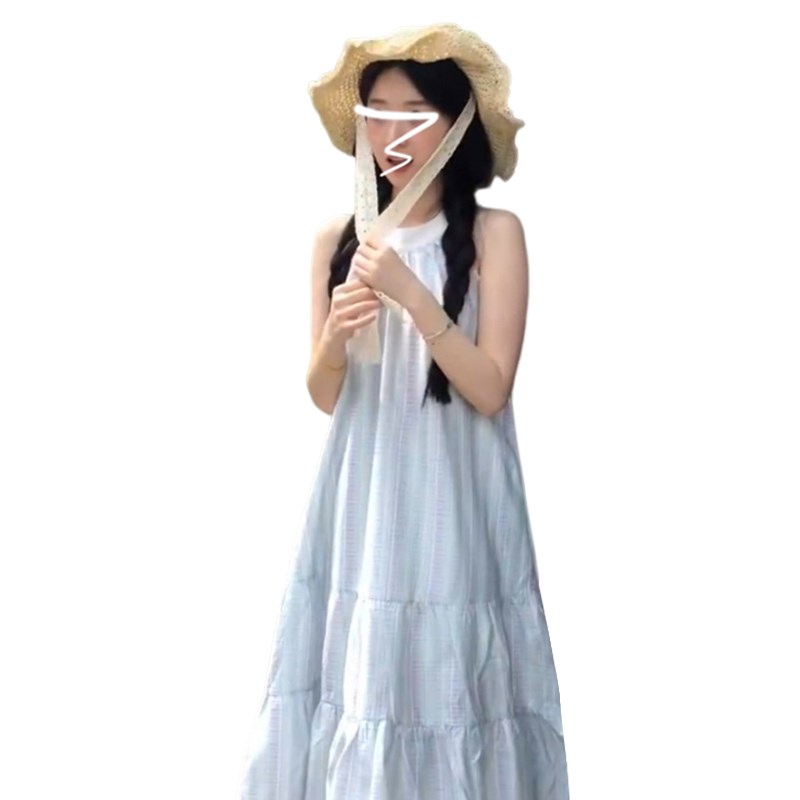 现货无袖挂脖连衣裙子女夏季2024新款茶歇法式桔梗吊带长裙海边度
