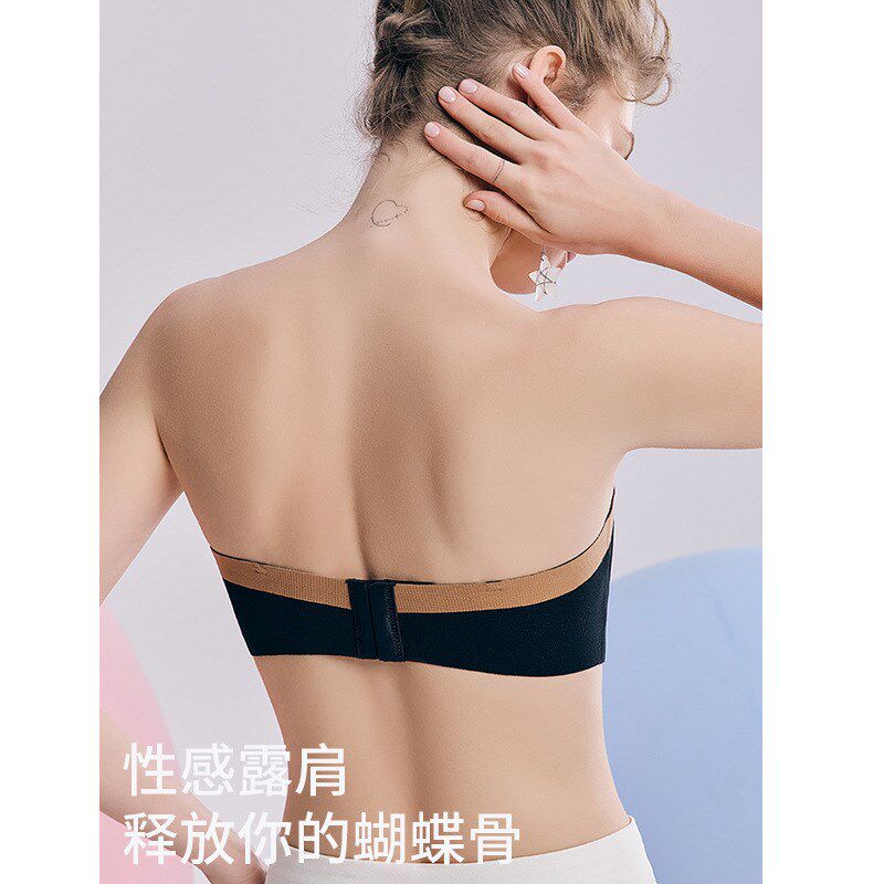 女无肩带美背聚拢抹胸式文胸薄款大胸显小夏季一片无钢圈内衣