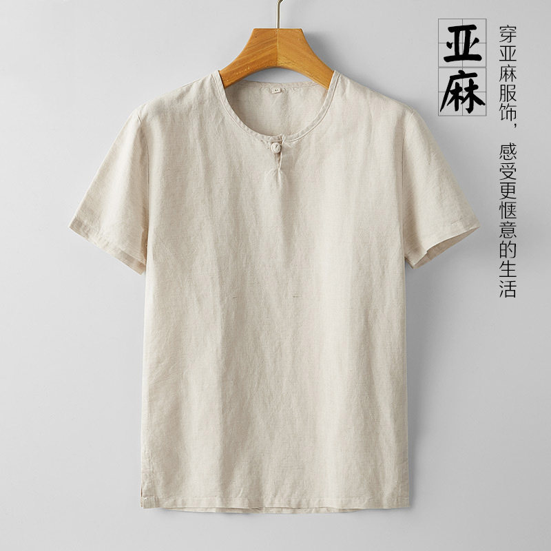 夏季薄款亚麻T恤男短袖宽松中国风盘扣棉麻上衣服男士半袖体恤衫