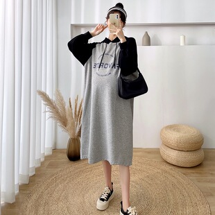 大尺码孕妇卫衣洋装春秋长版长袖上衣女韩版连帽洋派宽松200斤潮