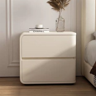 轻奢小型意式 奶茶风现代简约极简全实木床头柜皮质免安装 床边柜