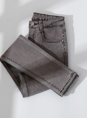 烟灰色弹力牛仔长裤女秋冬202z3高腰紧身显瘦小脚百搭铅笔九分裤