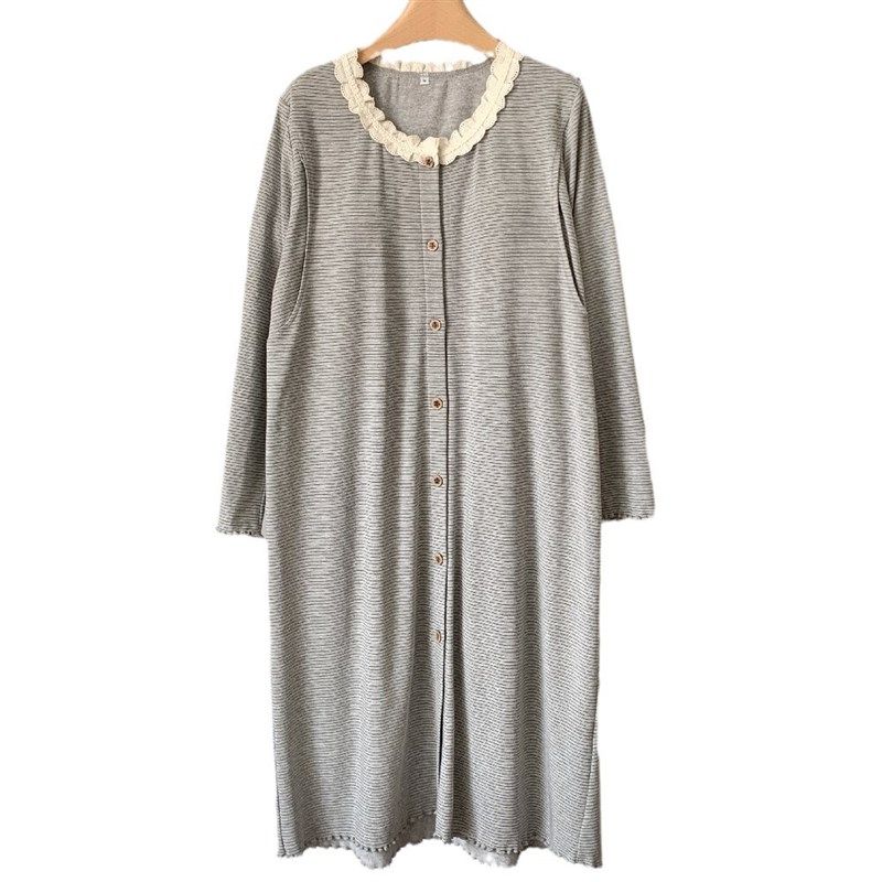 秋冬磨毛绒带胸垫哺乳睡裙产后月子服宽松条纹10月11待产孕妇睡衣