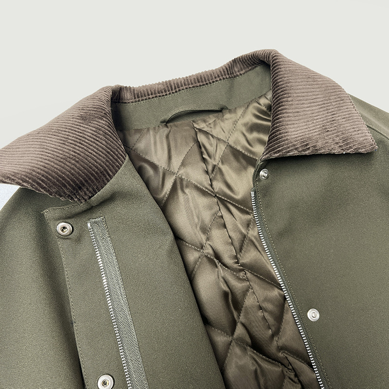 网红Corduroy Turn-Down Collar Women Green Stitching Mid-Leng