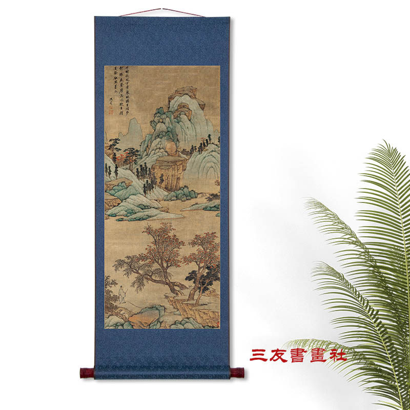 沈周青山红树图挂画卷轴明代仿古山水画真迹微喷复制品已装裱立轴