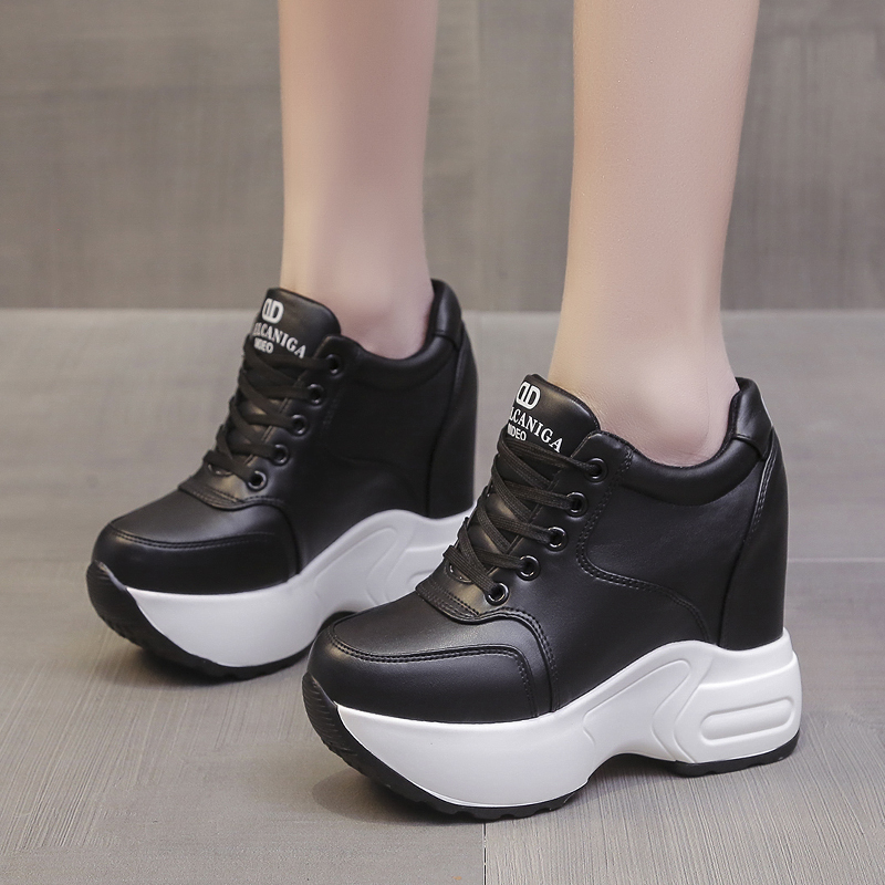 春季韩版松糕f厚底单鞋百搭内增高女鞋白色透气超高跟12厘米运动