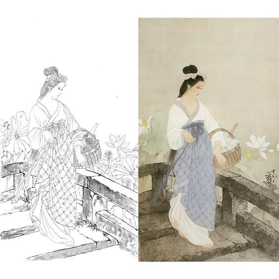 工笔画白描底稿人物何家英四大美女之西施浣纱实物白纸打印稿ZV30
