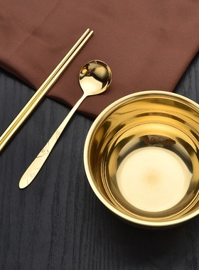 铜碗筷套装纯铜餐具三件套铜勺子家用吃饭加厚手工新中式金饭碗
