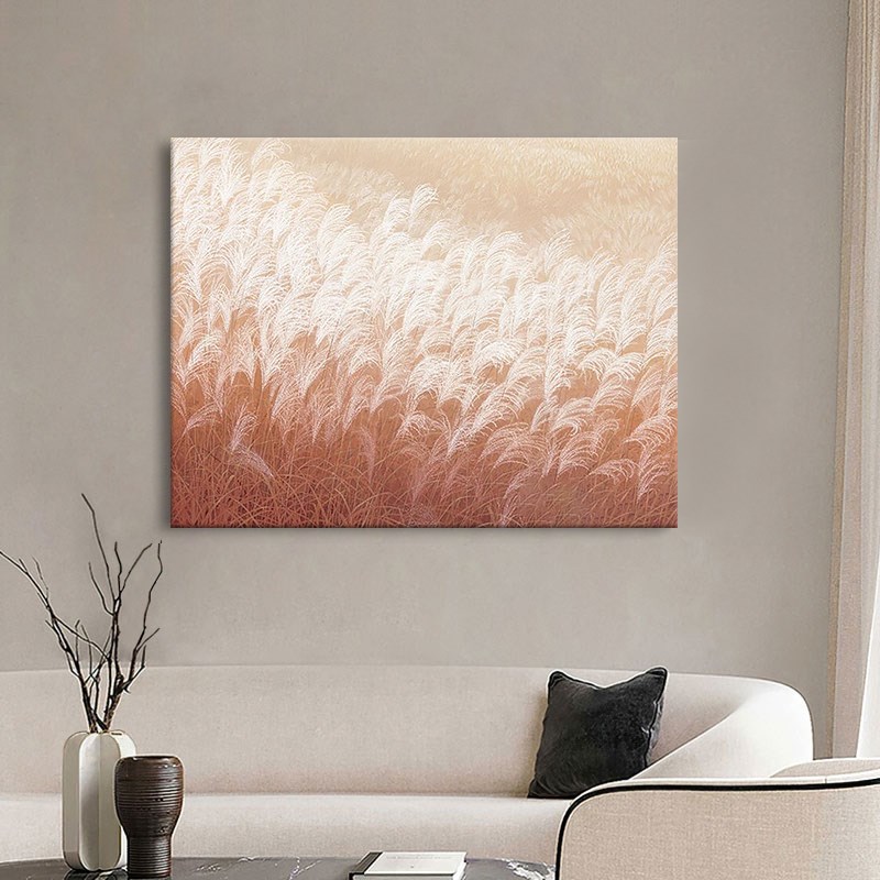 侘寂风芦苇风景纯手绘油画玄关装饰画客厅抽象丙烯暖色系植物挂画图片