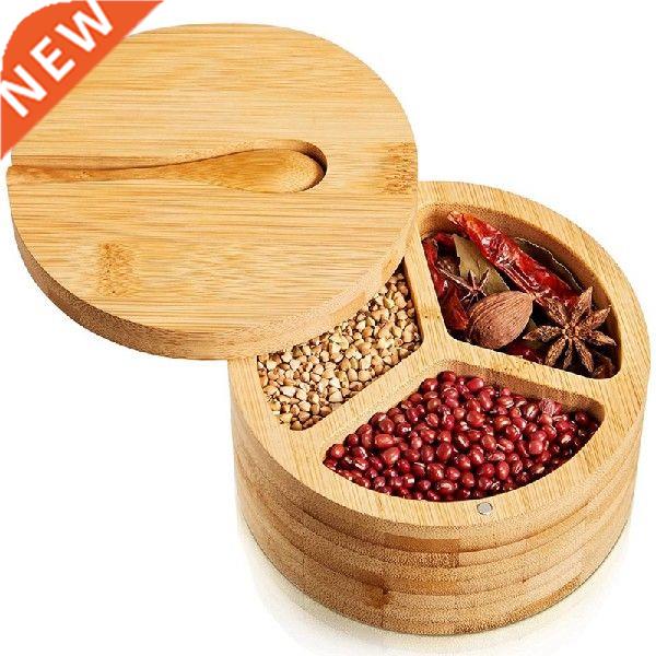 极速Bamboo Salt Box wth Spoon 3-Compartment Spce and