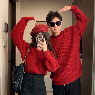 回门情侣装秋冬新款圣诞红色毛衣一E男一女韩版洋气镂空v领针织衫