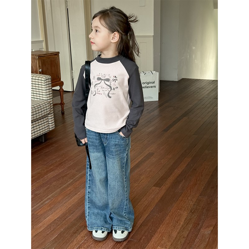 LZ儿童牛仔裤2024秋冬新款女童抓绒加厚宽松直筒松紧腰牛仔裤