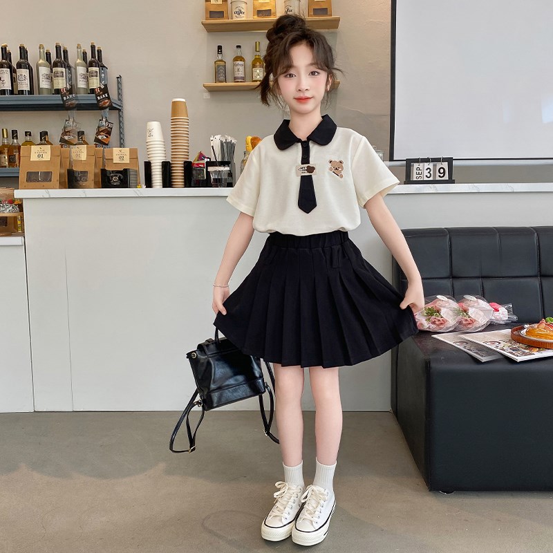 现货女童夏装连衣裙2024新款洋气女孩夏季Polo衫儿童学院风百褶裙