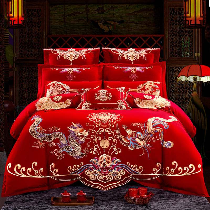 新婚庆四件套大红全棉刺绣结婚房嫁喜被龙凤六十件套床上用品,床上用品,婚庆床品套件,淘宝优惠券,粉丝福利购,淘宝优惠卷