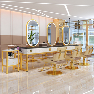 美发店镜台带灯双面大理石发廊一体网红烫染理发店桌子工作台