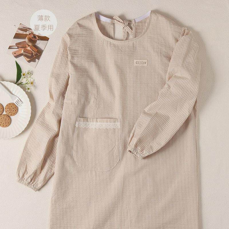 韩系文艺清新条纹薄透气棉布反穿衣家用厨房围裙防污家务长袖罩衣