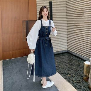 韓系甜美減齡套裝 系帶牛仔背帶裙兩件套 白色襯衫 裙2025w早春新款