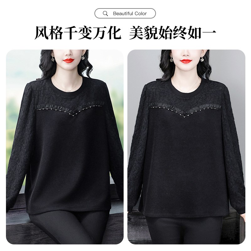大码女装德绒保暖打底衫上衣秋冬新款蕾丝拼接显瘦胖妈妈长袖T恤