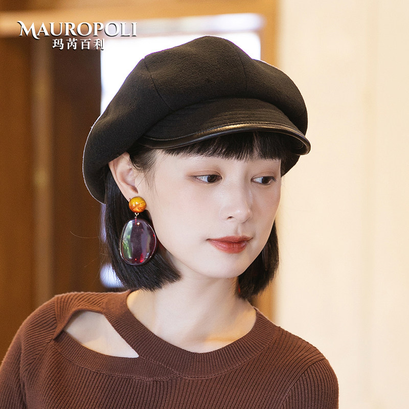 八角帽女优雅英伦气质黑色报童帽女士时尚秋冬帽子短檐鸭舌帽遮阳