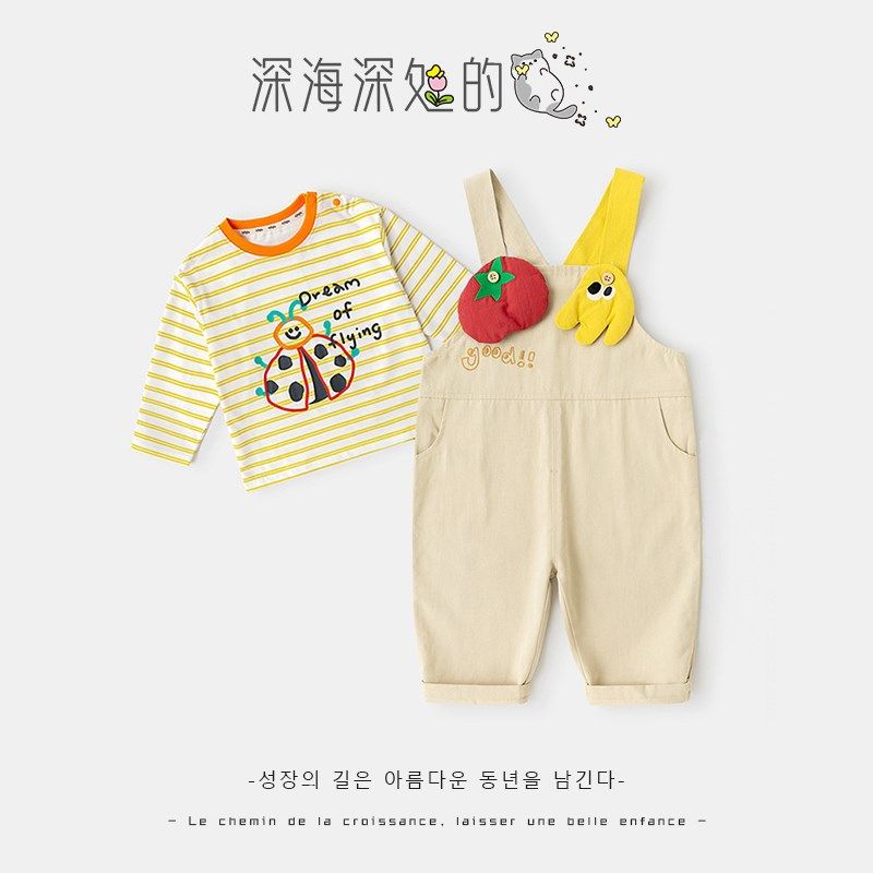 春夏薄款百搭长袖洋气T恤可爱宽松牛仔背带裤男女宝儿童套装