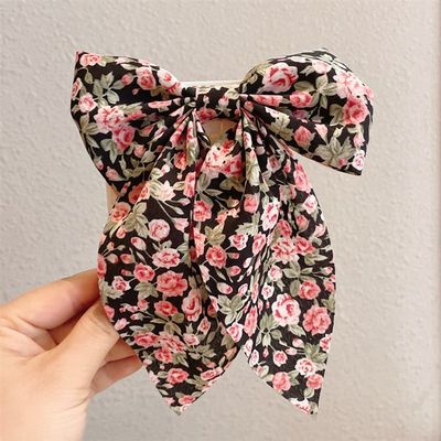 速发Fashion Floral Print Bow Ribbon Hair Clip Beautiful Swee